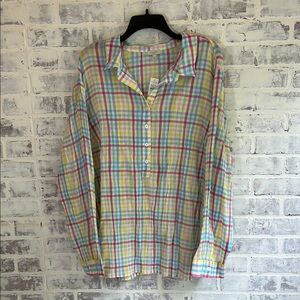 Talbots Shirt Womens 3X Pink Yellow Plaid Gauzy Cotton Long Sleeve Colorful NWT